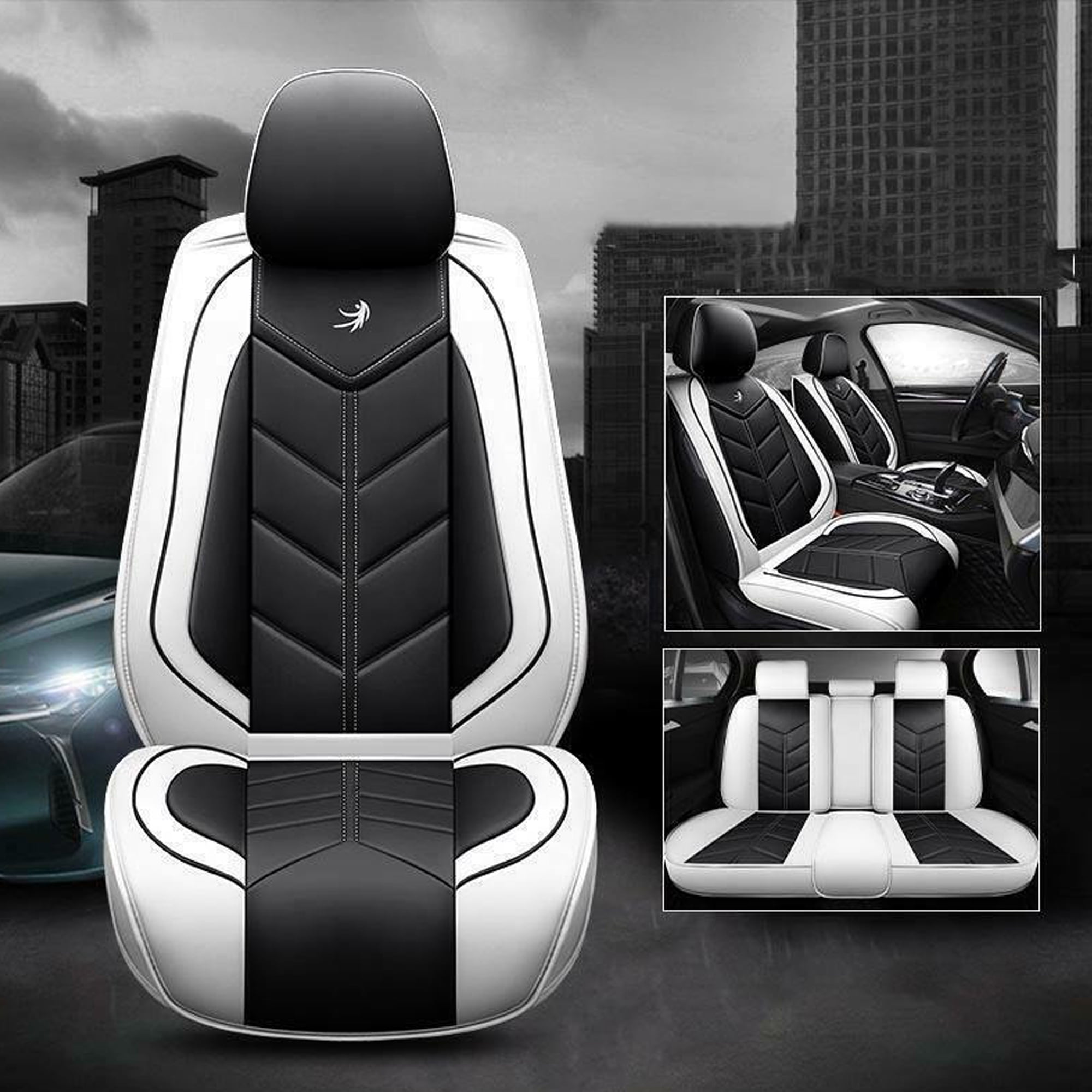 5-Seat Covers Protector Universal Car Front Rear Black White PU