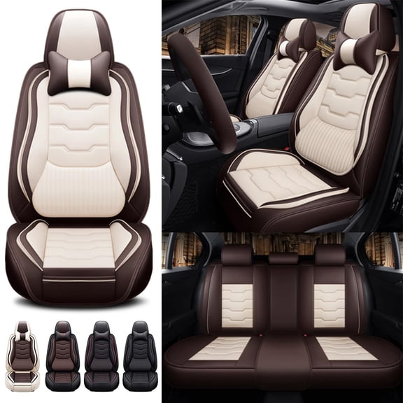 5 Seat Covers for 96% Honda Models,Leather Car Seat Cushions,Waterproof Seat Covers for Cars with Headrests,Interior Accessories(Luxury,White/Coffee)