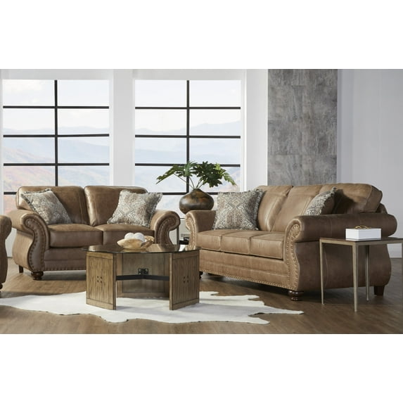 5 Seat Faux Leather Sofa Set with 3 Seat Sofa and Loveseat, Leather Couch with Upholstered Nailhead, High Back and Roll Arm for Living Room, Bedroom, Office, Apartment, Brown
