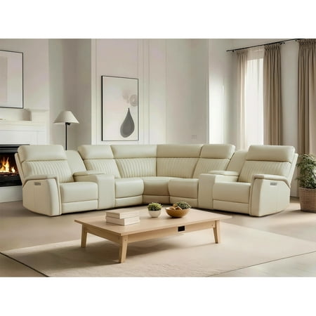 117" Leather Reclining Sectional, 2 Power Recliners,Dual Storage Console & USB&USB-C Port