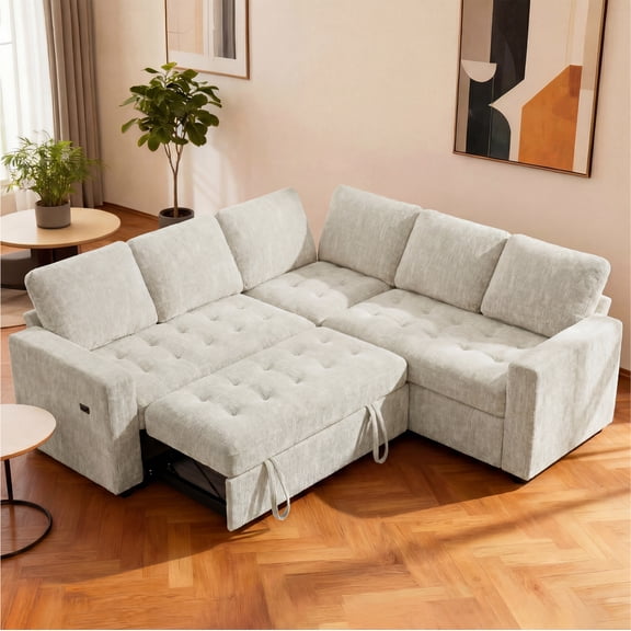 5 Seat L Shaped Modular Sectional Sleeper Sofa Bed, Beige Chenille Pull Out Couch with Reclining Backrest, USB Ports, Hidden Storage Seat, Tool-Free Assembly for Living Room