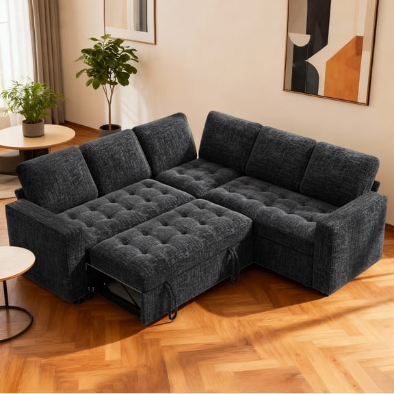 5 Seat L Shaped Modular Sectional Sleeper Sofa Bed, Black Chenille Pull Out Couch with Reclining Backrest, USB Ports, Hidden Storage Seat, Tool-Free Assembly for Living Room