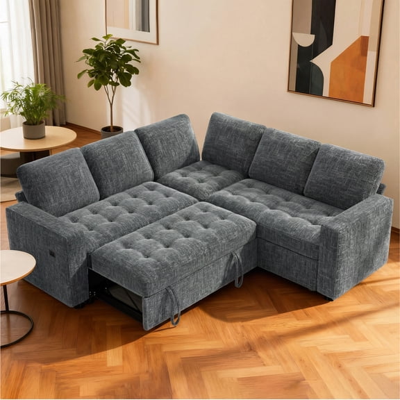 5 Seat L Shaped Modular Sectional Sleeper Sofa Bed, Dark Grey Chenille Pull Out Couch with Reclining Backrest, USB Ports, Hidden Storage Seat, Tool-Free Assembly for Living Room