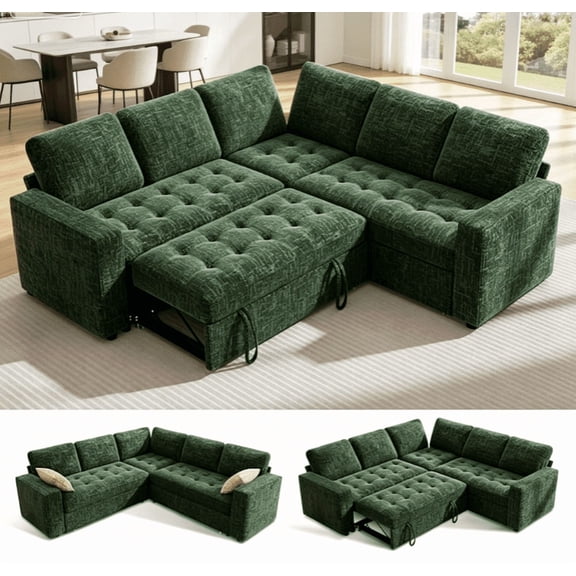5 Seat L Shaped Modular Sectional Sleeper Sofa Bed, Green Chenille Pull Out Couch with Reclining Backrest, USB Ports, Hidden Storage Seat, Tool-Free Assembly for Living Room