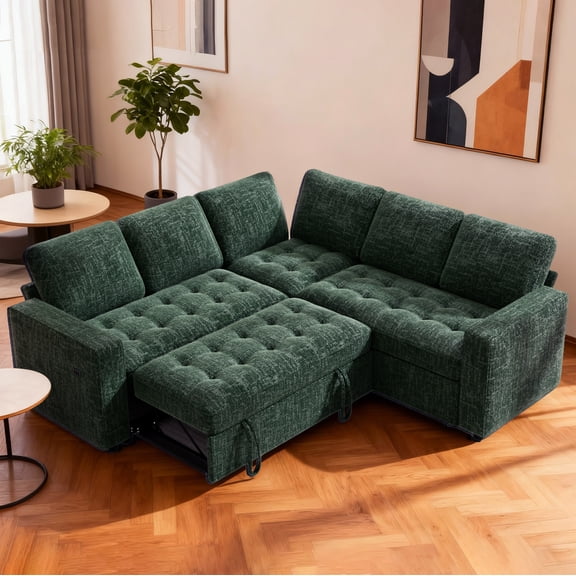 5 Seat L Shaped Modular Sectional Sleeper Sofa Bed, Green Chenille Pull Out Couch with Reclining Backrest, USB Ports, Hidden Storage Seat, Tool-Free Assembly for Living Room