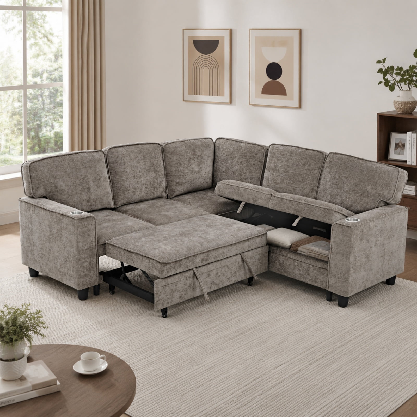 5-Seat L-Shaped Sectional Sofa with Pull-Out Bed, Reversible Chaise with Storage, Sleeper Sofa Couch Bed with USB & Type-C Charging Ports, Chenille Fabric Couch for Living Room, Apartment