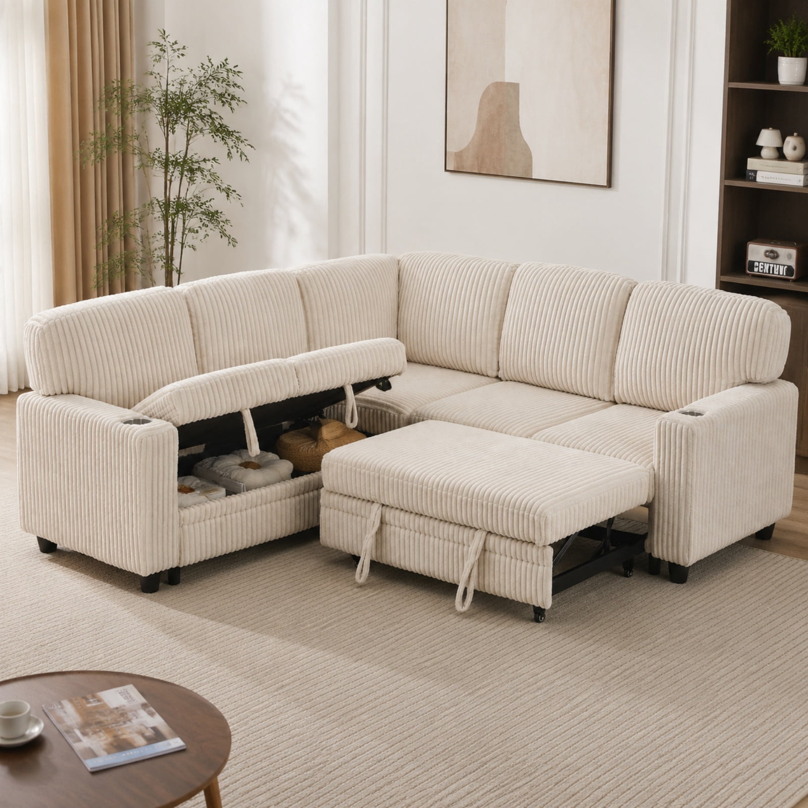 5-Seat L-Shaped Sectional Sofa with Pull-Out Bed, Reversible Chaise with Storage, Sleeper Sofa Couch Bed with USB & Type-C Charging Ports, Chenille Fabric Couch for Living Room, Apartment