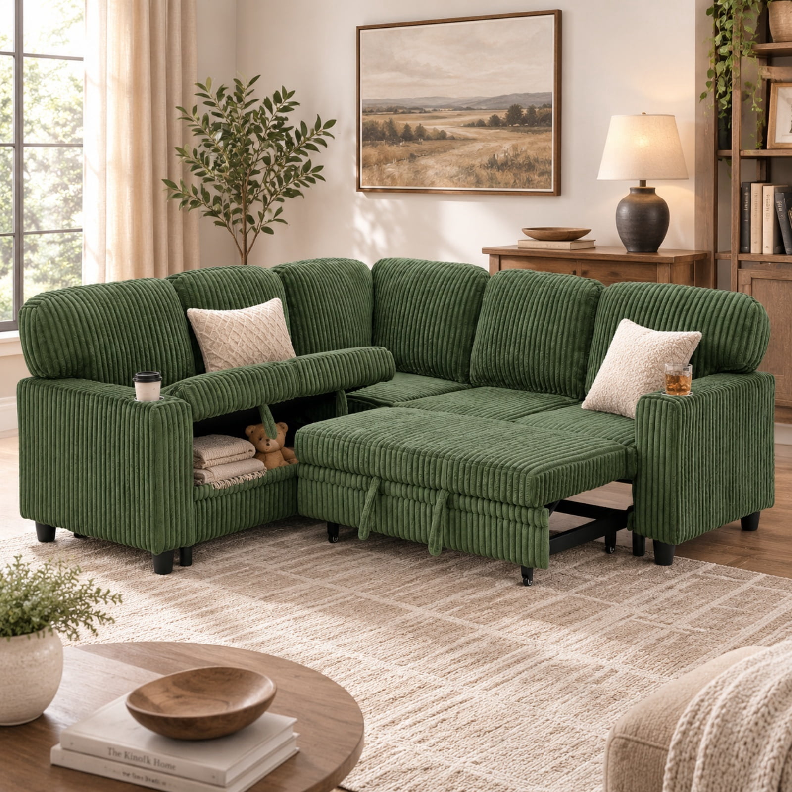 5-Seat L-Shaped Sectional Sofa with Pull-Out Bed, Reversible Chaise with Storage, Sleeper Sofa Couch Bed with USB & Type-C Charging Ports, Chenille Fabric Couch for Living Room, Apartment