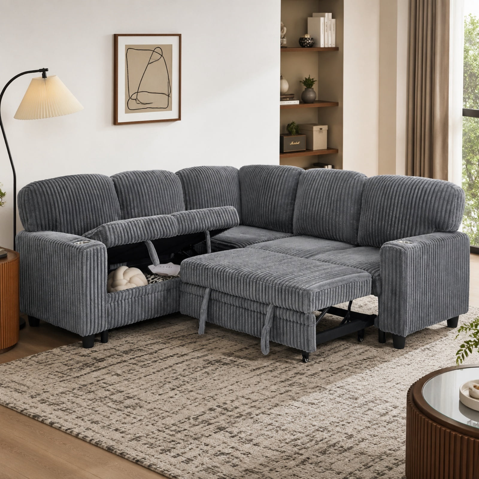 5-Seat L-Shaped Sectional Sofa with Pull-Out Bed, Reversible Chaise with Storage, Sleeper Sofa Couch Bed with USB & Type-C Charging Ports, Chenille Fabric Couch for Living Room, Apartment