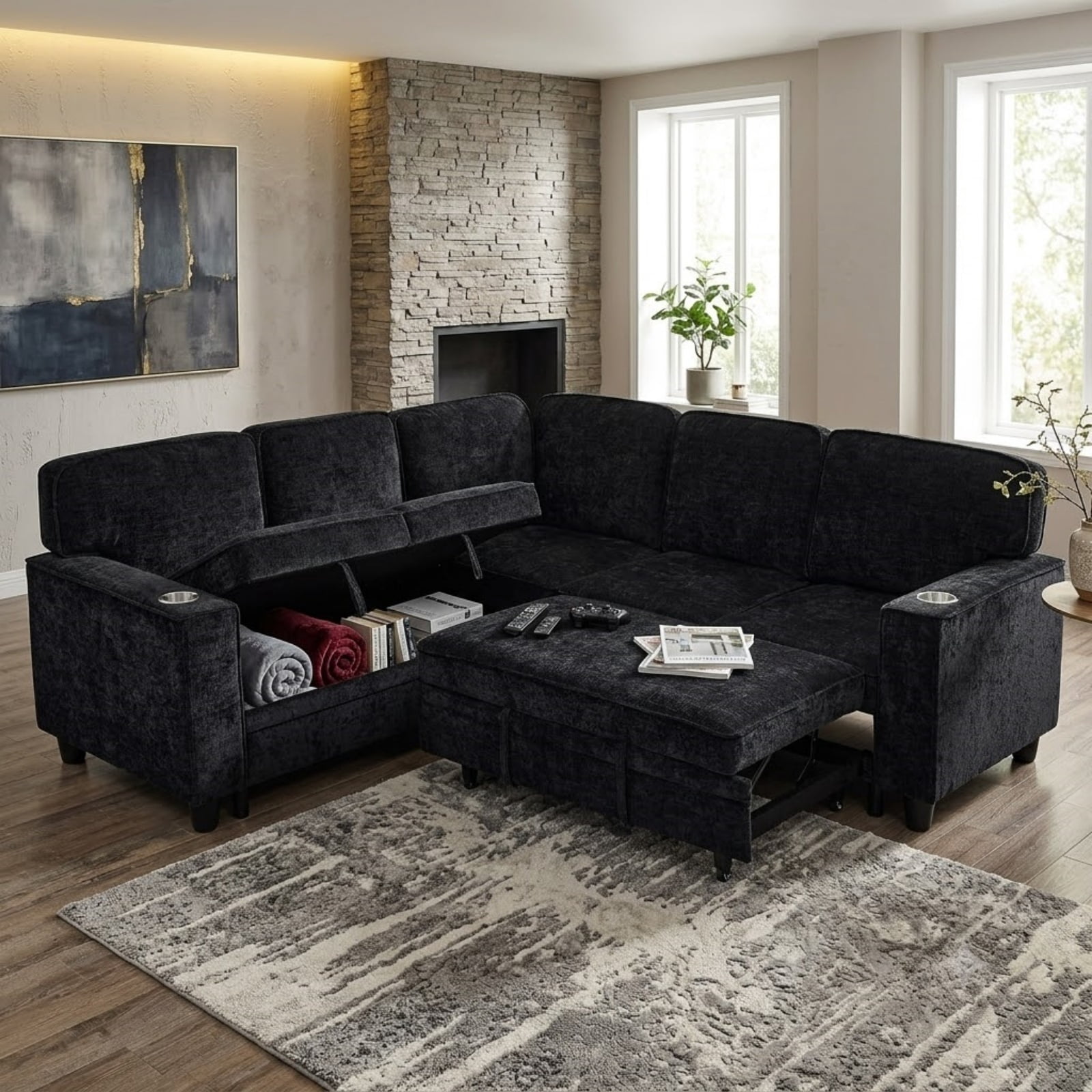 5-Seat L-Shaped Sectional Sofa with Pull-Out Bed, Reversible Chaise with Storage, Sleeper Sofa Couch Bed with USB & Type-C Charging Ports, Chenille Fabric Couch for Living Room, Apartment