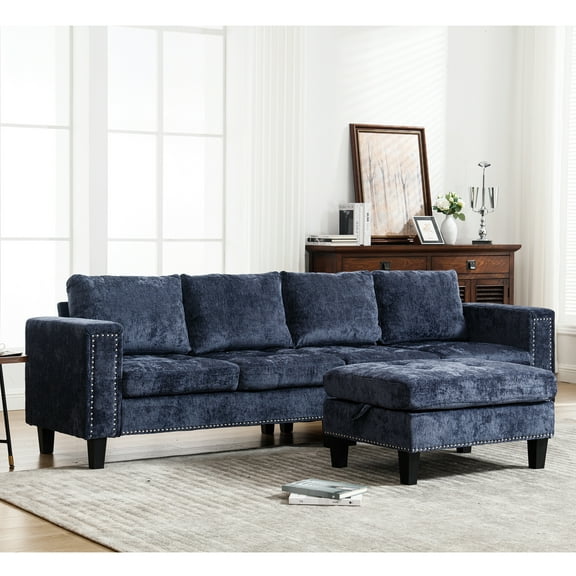 5 Seat L Shaped With Storage, Blue Chenille Reversible Chaise Sectional For Home Living Room Couch ,