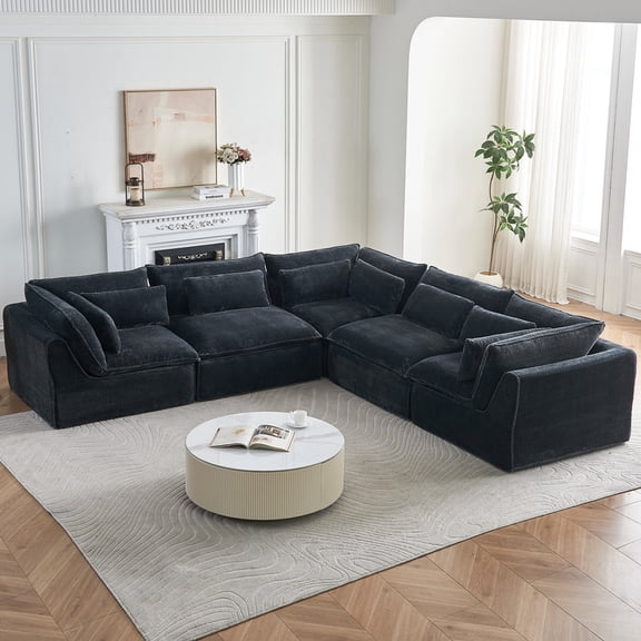 5 Seat Modular Cloud Sectional Sofa, Plush Polyester Fabric, Oversized Deep Seat Comfy Lounge Couch for Living Room Apartment Dark Grey