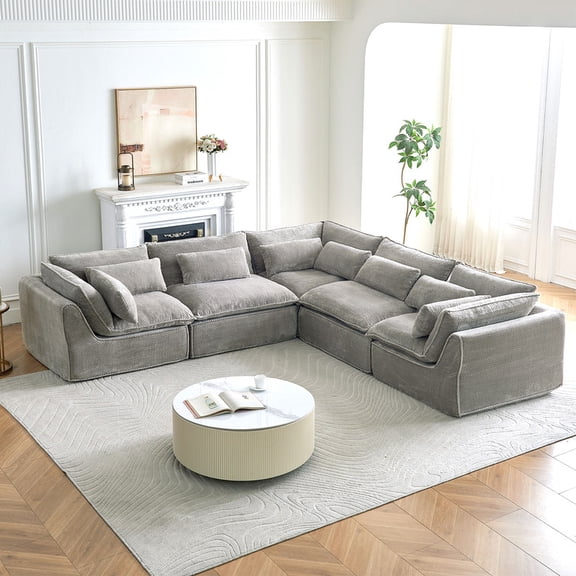 5 Seat Modular Cloud Sectional Sofa, Plush Polyester Fabric, Oversized Deep Seat Comfy Lounge Couch for Living Room Apartment Light Grey