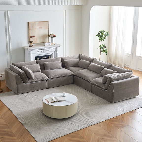 5 Seat Modular Cloud Sectional Sofa, Plush Polyester Fabric, Oversized Deep Seat Comfy Lounge Couch for Living Room Apartment Taupe