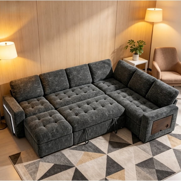 5-Seat Modular Sectional Sleeper Sofa Bed with Pull Out Bed/Reclining Backrest/USB Ports/Storage Seat, L-Shaped Sofa.