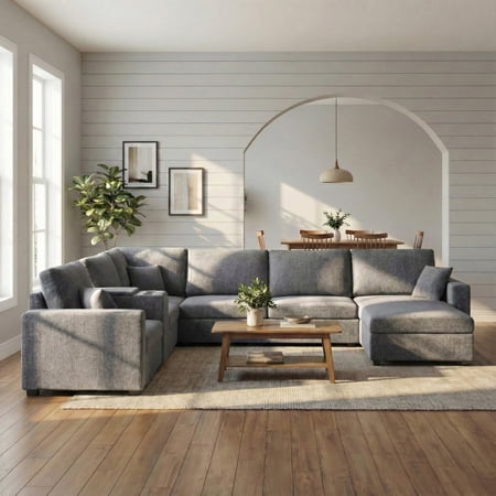 5-Seat Modular Sectional Sofa, 134" U-Shape Couch w/Chaise, Cup Holders, Storage, Pillows, Grey
