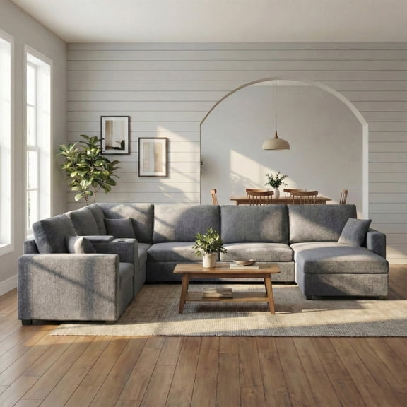 5-Seat Modular Sectional Sofa, 134" U-Shape Couch w/Chaise, Cup Holders, Storage, Pillows, Grey