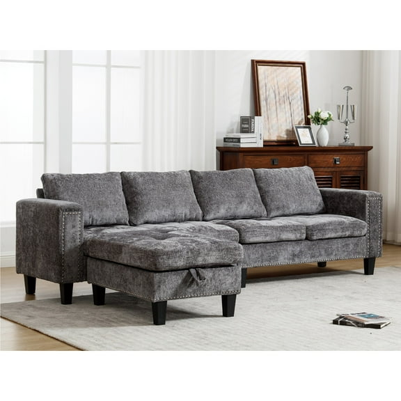 5 Seat Modular Sofa with Storage Ottoman, Convertible Sectional Sofa, L Shaped Couch, Reversible Chaise, Riveted Sofa, Chenille (Gray)