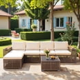 thumbnail image 1 of Homall 5-Seat Patio Furniture Set Outdoor Wicker Sectional Sofa with Cushions Modular with Wide Wood Armrests & Built-In Cup Holders, Beige, 1 of 7