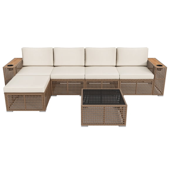 5-Seat Outdoor Wicker Sectional Patio Sofa Set with 2" Thick Cushions, Modular Outdoor Lounge Furniture with Wide Wood Armrests & Built-In Cup Holders, Beige