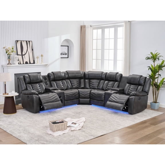 5 Seat Power Recliner Sectional Sofa Grey Faux Leather with Bluetooth Speaker, LED Strip, USB Charging Port, Home Theater Seating