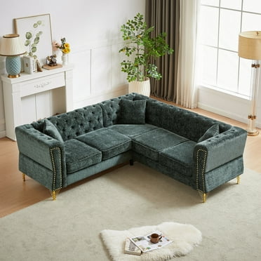 5 Seat Sectional Couches, Chenille Corner Sofas with 3 Cushions, L-Shaped Sectional Couch for Living Room Bedroom Apartment Office, Green