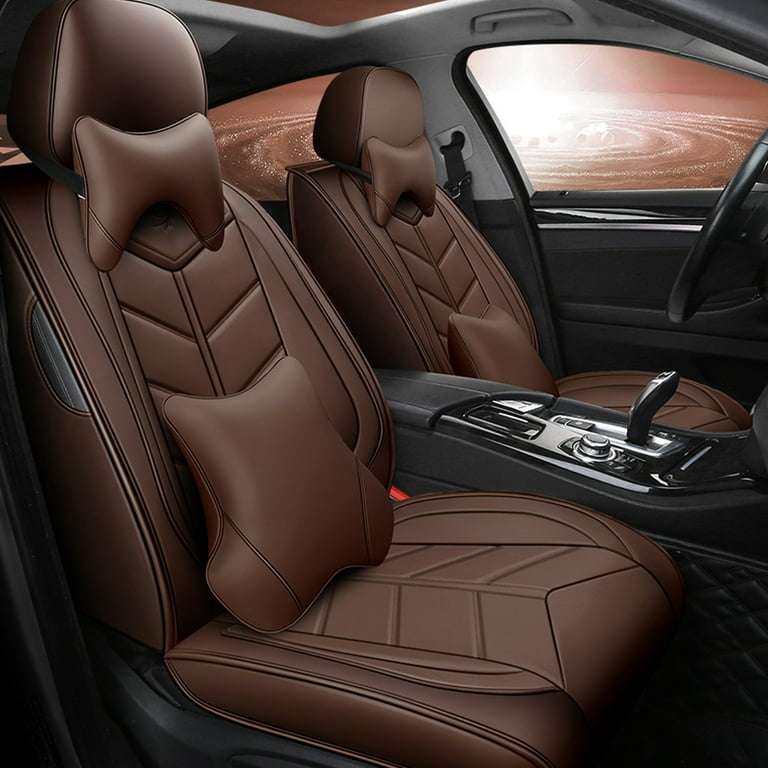 NINTE Universal 5 Seat PU Leather Car Seat Cushions Luxury Auto Accessories Front Rear Protectors Coffee 7PCS Walmart