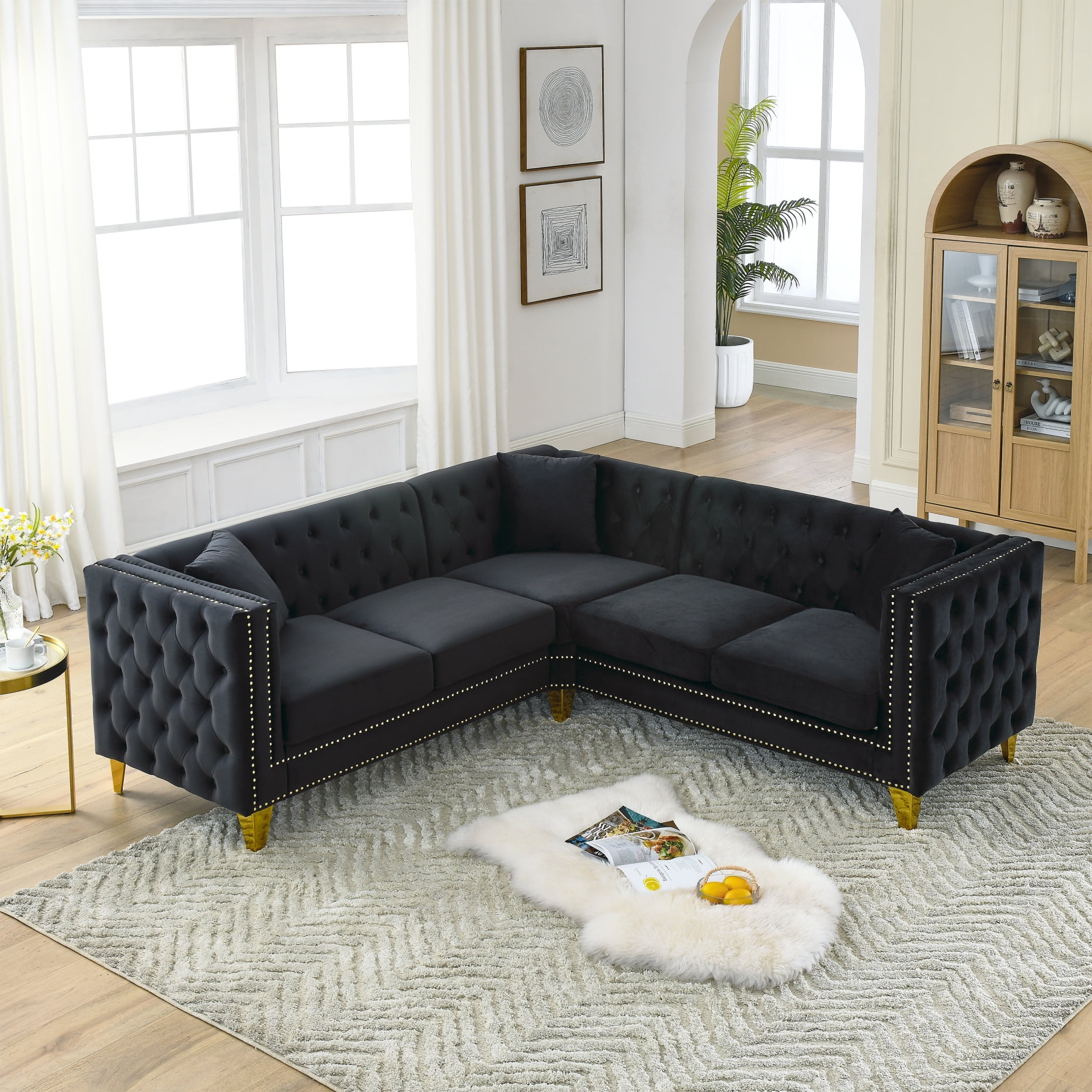 5Seat Velvet LShaped Sectional Sofa, Modern Upholstered Corner Couch with Armrest and Metal