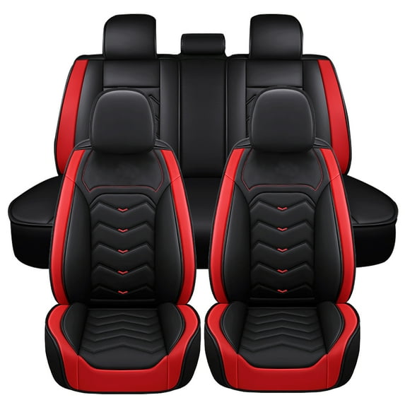 5 Seater Car Seat Covers with Waterproof Pu Leather, Airbag Compatible Automotive Vehicle Cushion Cover Universal fit for Most Cars (Black&Red Edge)