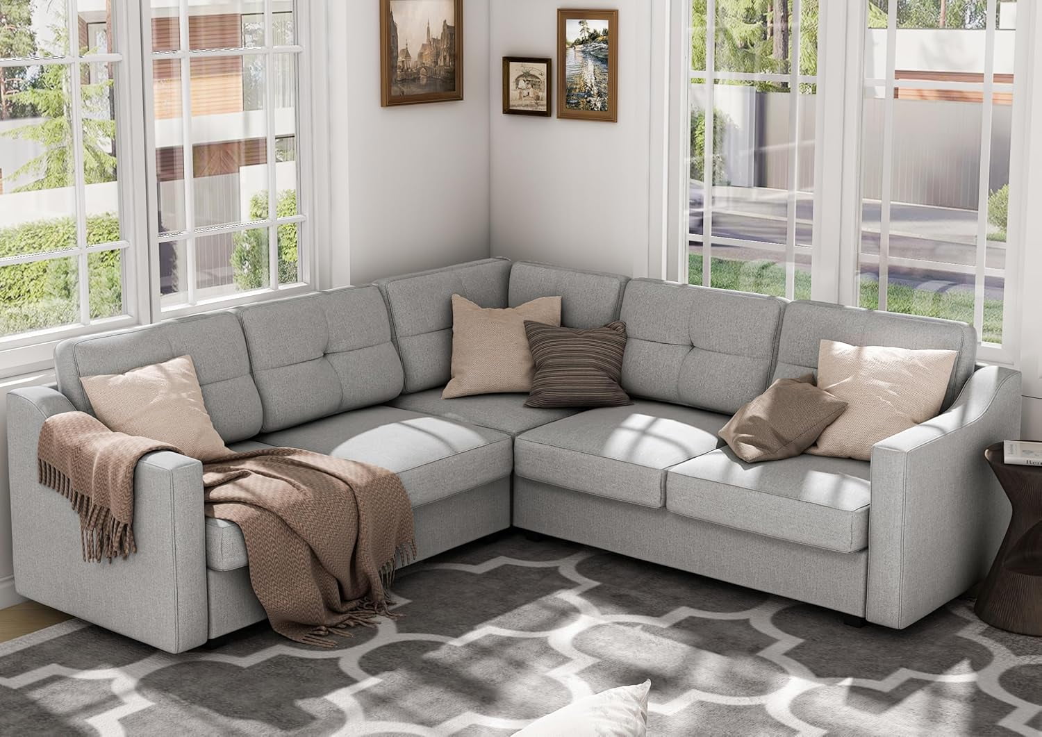 5 Seater Convertible Sectional Sofa, Linor L Shaped Sofa Couch for Living Room, Small Apartment, Reversible Sectional Couch, Light Grey