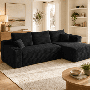 Boneless Couches for Living Room, L-Shape Corduroy Modular Sectional Cloud Sofa, Modern, Comfy, Black
