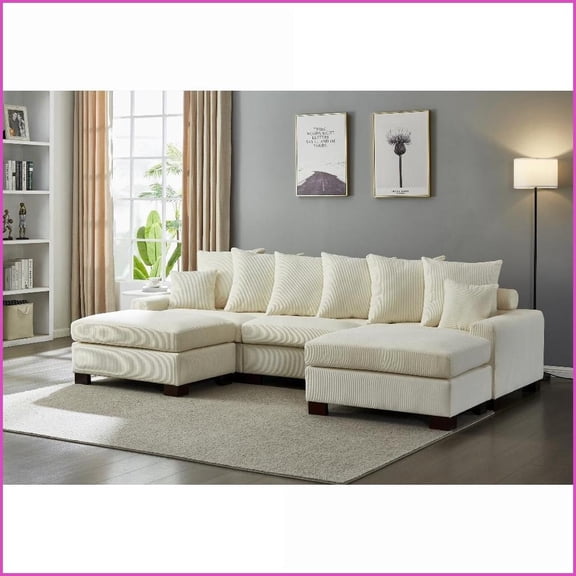5-Seater Modular L/U-Shaped Corduroy Sofa – Modern Living Room Comfort | Beige | Pillow Back | Square Arms