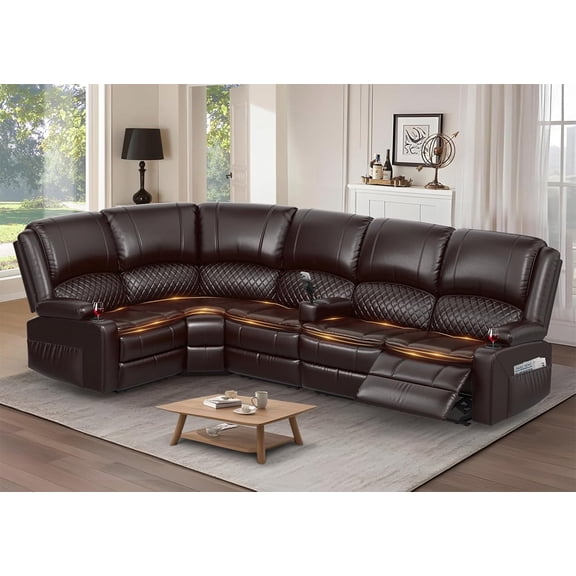 5 Seater Reclining Sofa,recliner with Center Armrest, USB, Phone Holder & Storage, Perfect for Home Cinema, Modern Couch (PU, Brown)