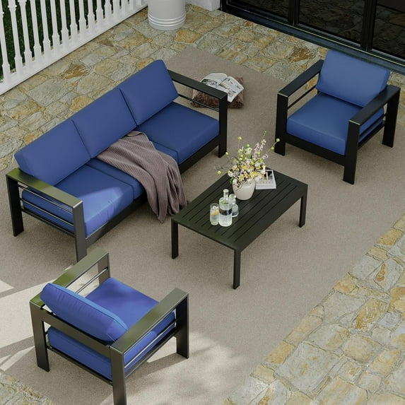5 Seats Aluminum Patio Furniture Set, 4 PCS Outdoor Sectional Conversation Set with 4" Wide Armrest, Backyard Sectional Sofa Set with Coffee Table & Thick Cushions, Blue