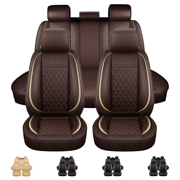 5 Seats Car Seat Covers For 2000-2024 Chevy Impala Cobalt Faux Leather Luxury Front&Rear Full Set Cushion Coffee&Beige Line