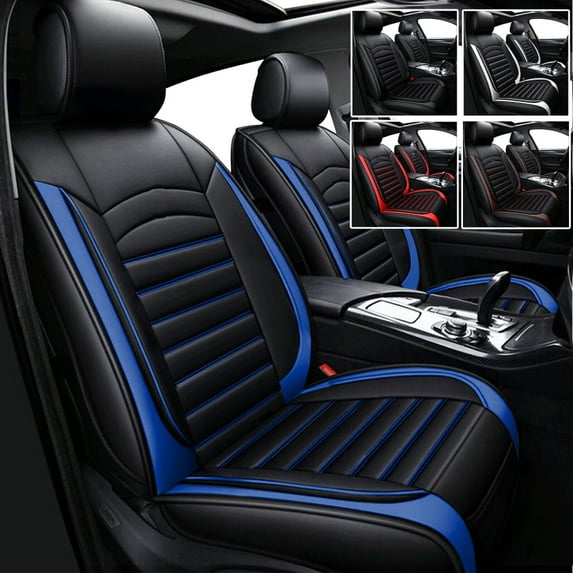5 Seats Car Seat Covers For 2000-2024 Nissan Rogue Xterra PU Leather Auto Car Seats Covers Set Protector For Sentra Kicks Black+Blue