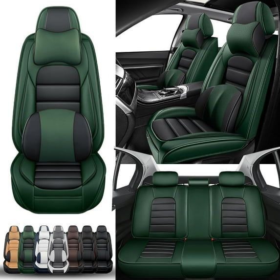 5-Seats Car Seat Covers for 95% Ford Models Leather Auto Vehicle Seat Cushions Waterproof Seat Cover Airbag Compatible(Black&Green-Luxury)