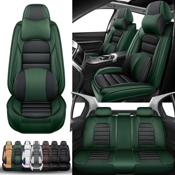 5-Seats Car Seat Covers for 95% Honda Models Leather Auto Vehicle Seat Cushions Waterproof Seat Cover Airbag Compatible(Black&Green-Luxury)