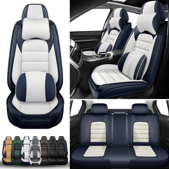 5-Seats Car Seat Covers for 95% Nissan Models Leather Auto Vehicle Seat Cushions Waterproof Seat Cover Airbag Compatible(White&Blue-Luxury)