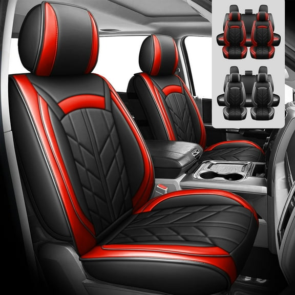 5 Seats Covers Fits For 2007-2024 Toyota Tundra Car Seat Cover Faux Leather Full Set Cushion,Black&Red