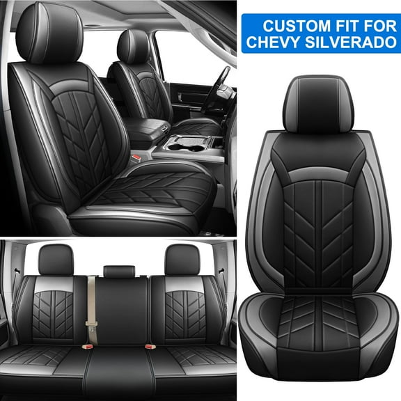 5 Seats Tailored For 2007-2024 Chevrolet Silverado 1500 2500HD 3500HD Car Seat Cover Set PU Leather Black&Gray