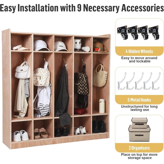 5-Section Classroom Coat Locker, 10 Cubbies for Classrooms, Daycare Cubby with 4 casters, 5 Hooks and 2 Storage Boxes  Furniture Closet