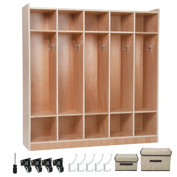 5-Section Classroom Coat Locker with Cubbies, Smooth Glazed Surface Cubby for Classroom, 10 Cubbies, 5 Hooks, 2 Storage Boxes, for Home, Daycare, School, Kindergarten, 47.6"x12"x48.4"