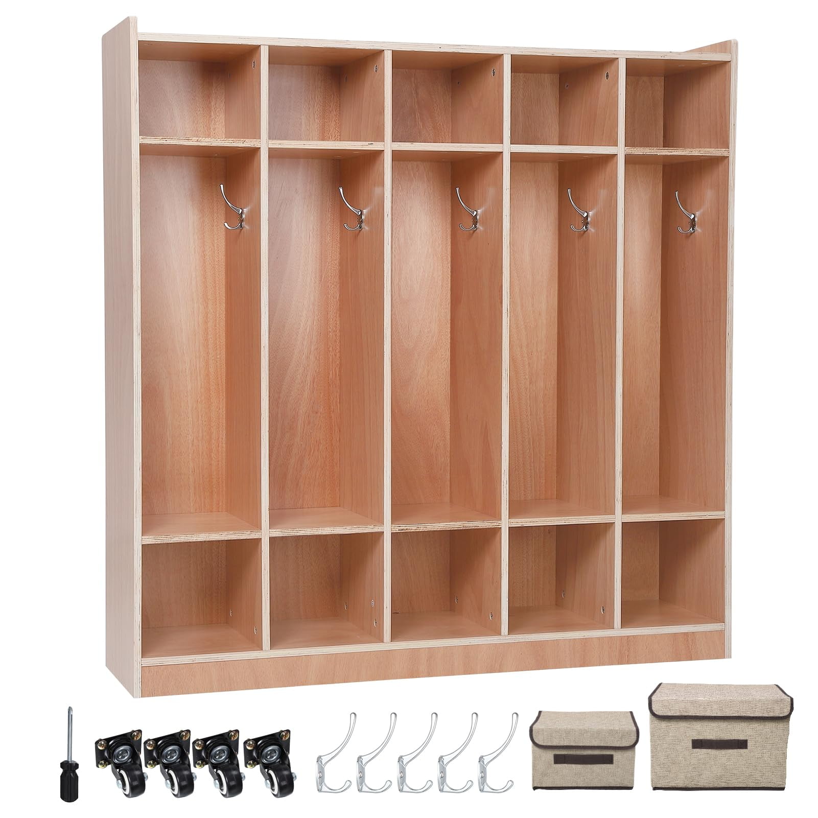 5 Section Classroom Coat Locker Glazed Finished 10 Cubbies for Classrooms Daycare Cubby with 4 casters 5 Hooks and 2 Storage Boxes for Home