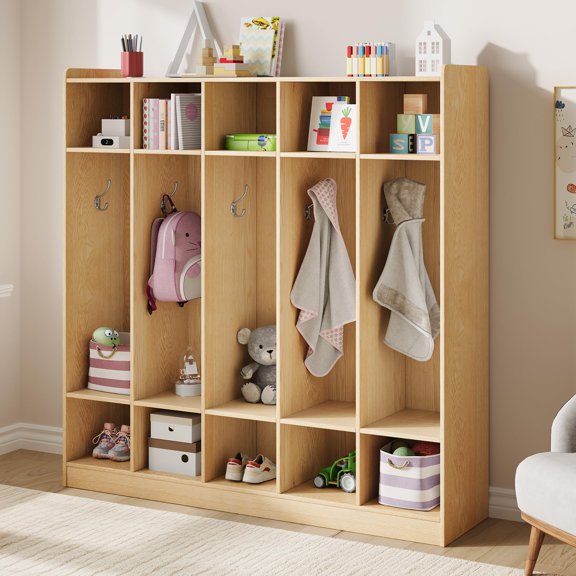 5-Section Classroom Coat Locker with 10 Cubbies, Cubby Storage Organizer with 10 Hooks for Home, School, Nursery, Kindergarten, Natural Oak