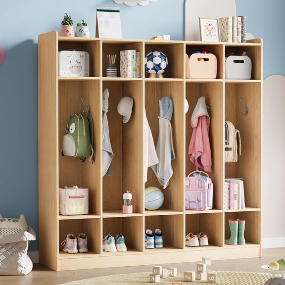 5-Section Classroom Coat Locker with 10 Cubbies, Daycare Cubby Storage Organizer with 10 Hooks for Home, School, Nursery, Kindergarten, Natural