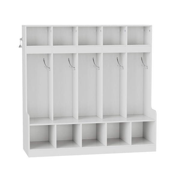 5-Section Kids Cubby Storage Organizer with 5 Hooks, Wooden Preschool Coat Locker for Backpacks, Jackets and Shoes, Freestanding Cabinet for Daycare, Classroom, Entryway,White
