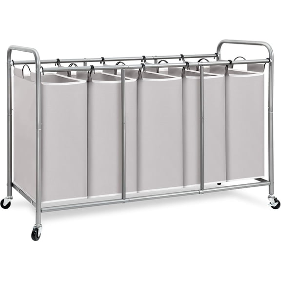 5 Section Laundry Sorter, Laundry Hamper with Wheels, Gray