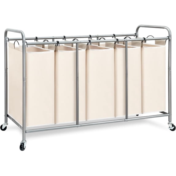 5 Section Laundry Sorter with 5 Bins, Rolling Laundry Cart with Heavy ...