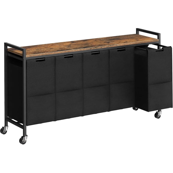 5-Section Rolling Laundry Sorter with Wheels, Rustic Brown & Black Laundry Hamper, 510.5 Gallon Pull-Out Removable Oxford Fabric Bags for Laundry Room